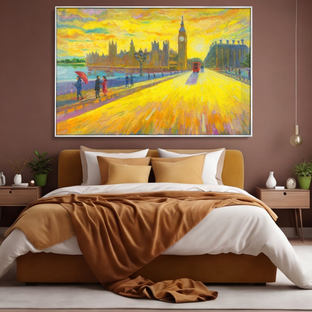 Tablou canvas cu tablou canvas cu londra si big ben, in rama de aluminiu argintiu, pe perete intr-un dormitor